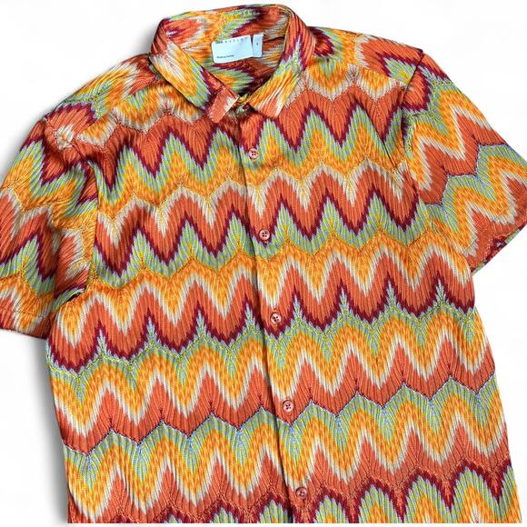 ASOS Designs Orange Green Multicolor Zig Zag Crochet Button Up Shirt Men’s Med - Picture 2 of 4